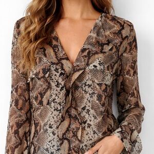 Snake Print Semi Sheer Pull on Blouse size Large Ruffles Roll tab button Sleeves